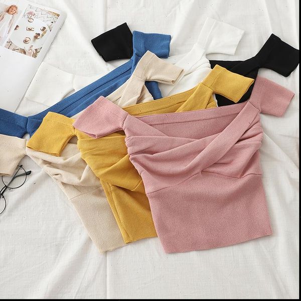 

off shoulder sweater women solid pleated crop small size highstreet 2021 summer sweaters for women, White;black