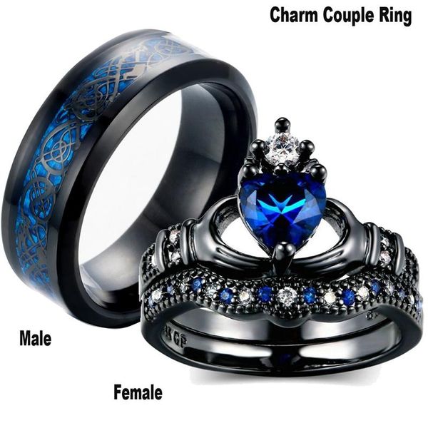 

cluster rings blue crystal couple ring stainless steel black men's crown women's sets valentine's day wedding bands, Golden;silver