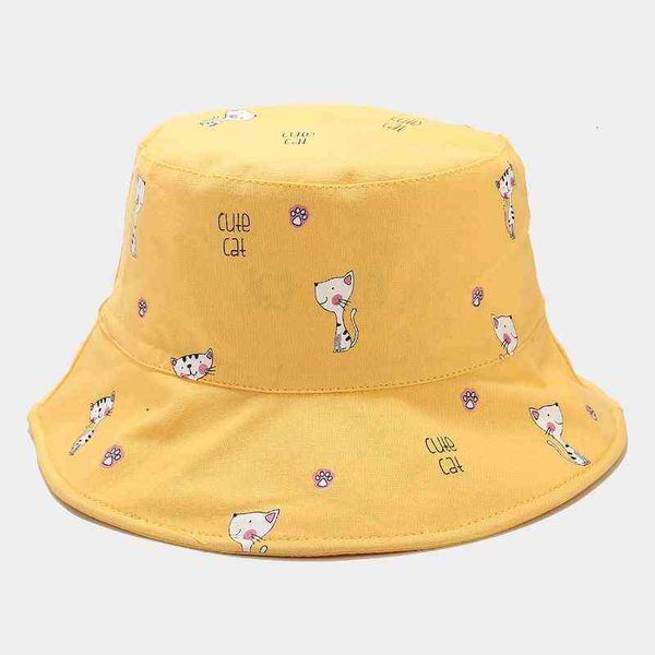 

lovely cat women girl summer bucket hat reversible fisherman hat cartoon animal outdoor sunscreen fashion panama cap, Blue;gray