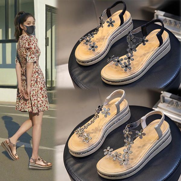 

sandals wedge heel women's bling comfortable open toe flip flops platform fashion fish mouth fairy printed slides summer 2021, Black