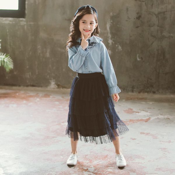 

2021 new children set of teenage embroidered autumn denim mesh shirt suit girls clothes 8-12 years old ix3r, White