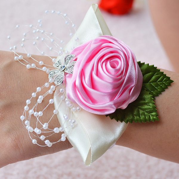 Flor de pulso de casamento rosa fita de seda na noiva corsage mão decorativa pulseira pulseira bridesmaid faixa de faixa buquê clipe