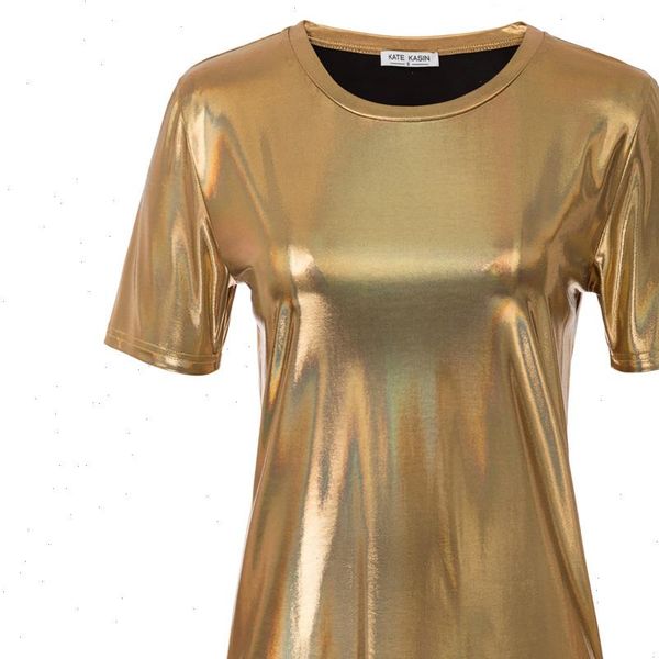 

golden women tee shirt casual fashion metallic like t shirt short sleeve crew neck loose fit lady clothing summer new, White
