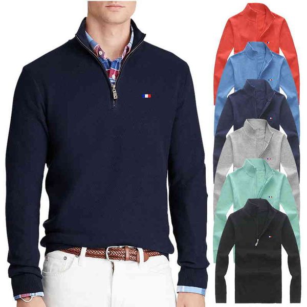 

brand 100%cotton sweater men casual sweaters pull homme knitted pullover half zipper turtleneck knitwear polo-collar 8504, Black