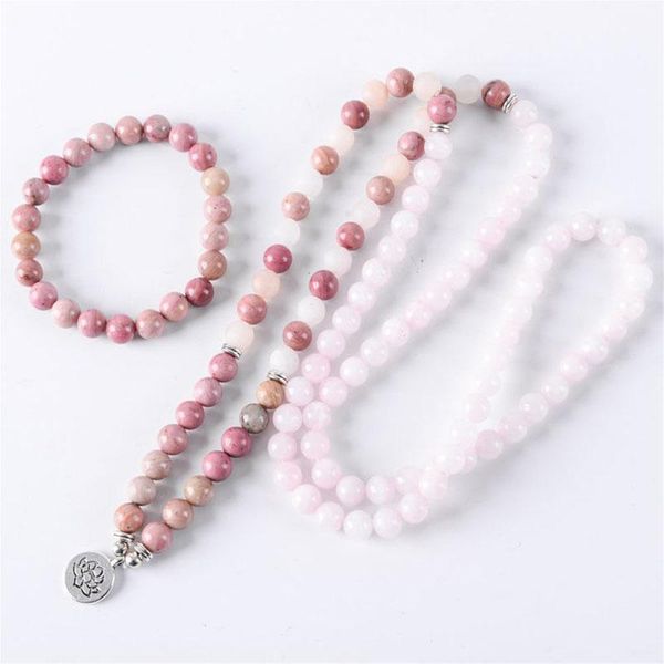 

tennis 8mm rhodonite bracelet 108 & rose q-uartz wrapped or necklace prayer mala beads chakra for girl, Golden;silver