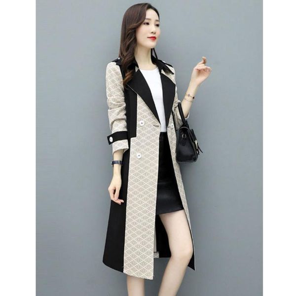 

women's trench coats fashion windbreaker 2021 autumn mid-length patchwork british coat women vintage deerskin velvet overcoat, Tan;black