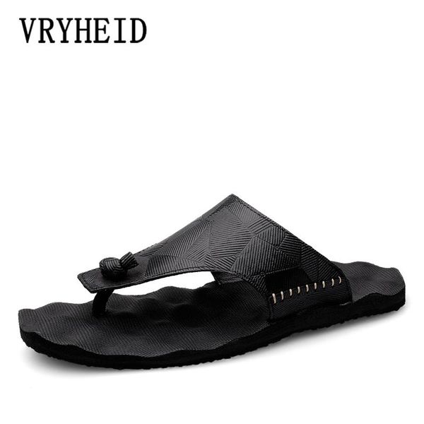 

slippers vryheid 2021 summer men comfortable lightweight genuine leather flip flops for man casual beach shoes large size 38-47, Black
