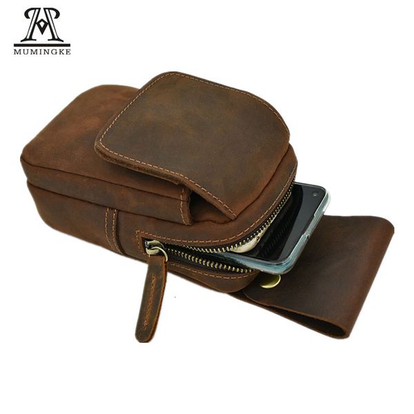 

pockets mummingke men's crazy horse skin waist bag leisure leather mobile phone head layer cow hanging cigarette