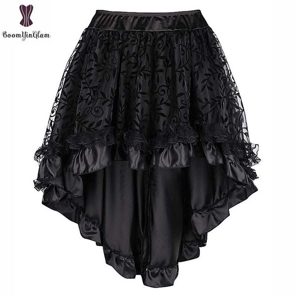 Steampunk Vintage Korsett Rock Plus Größe 6XL Schwarz Kaffee Zurück Reißverschluss Verschluss Satin Spitze Overlay Gothic Asymmetrische Röcke 210708