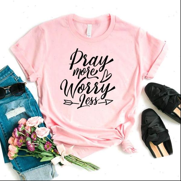 

women t shirt pray more worry less print tshirt women short sleeve o neck loose t shirt ladies tee shirt clothes, White