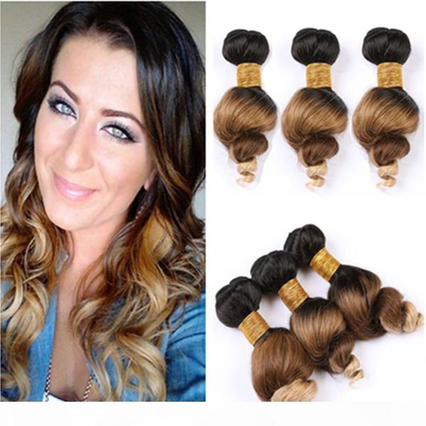 

loose wave #1b 4 27 ombre human hair bundles three tone brazilian virgin hair weaves black brown to honey blonde ombre double wefts