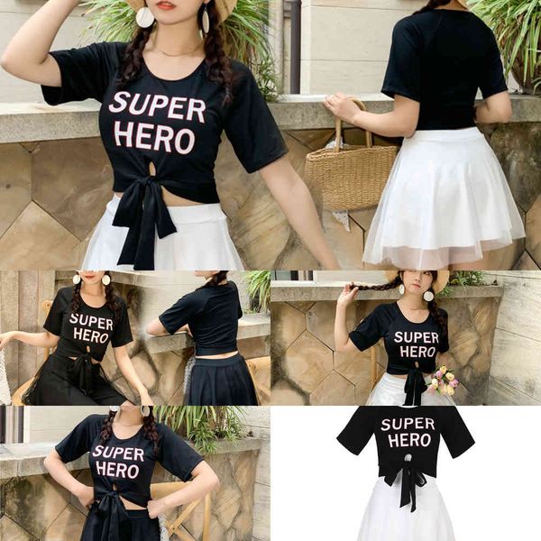 

split short xiaoxiangfeng swimsuit women's 2021 sleeve new conservative high waist cover belly show thin two piece set2021, White;black