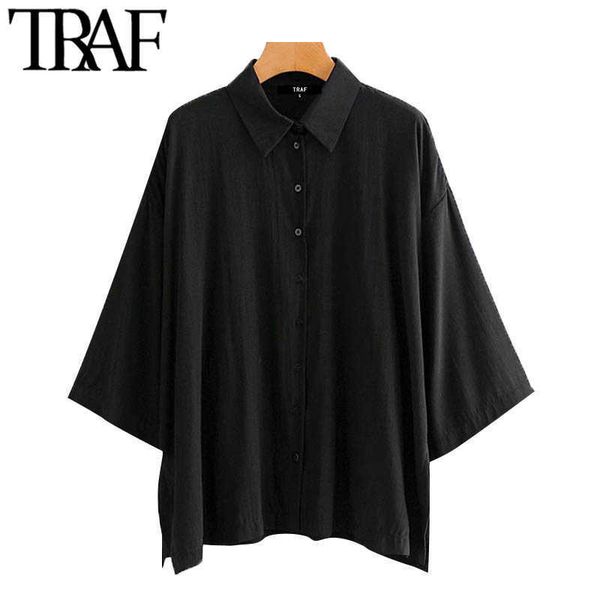 

traf women fashion oversized button-up cozy blouses vintage three quarter sleeve side vents female shirts chic 210721, White