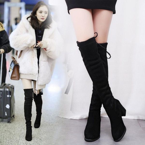 

boots black long-tube fashion high heels temperament women's elastic spring and autumn korean knight boots.