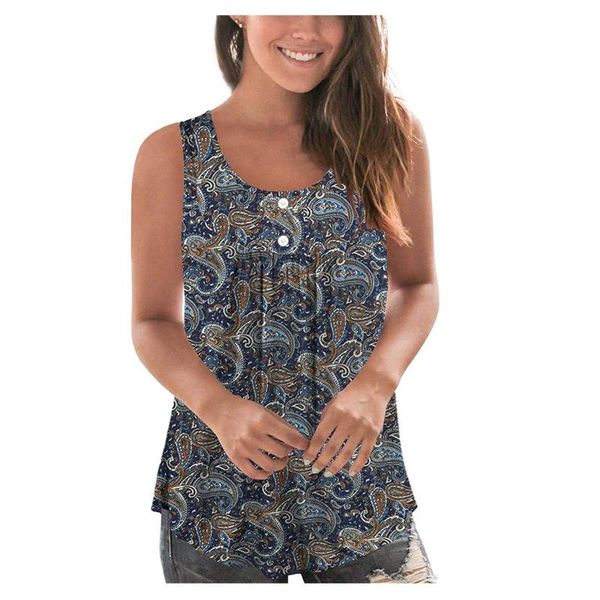 

women's t-shirt pleated button t shirt women boho graphic printed sleeveless o neck vest summer casual pullover plus size tank, White