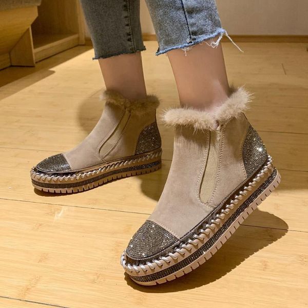 

boots bonjomarisa female bling rhinestone ankle fur platform shining women winter ins shoes woman, Black