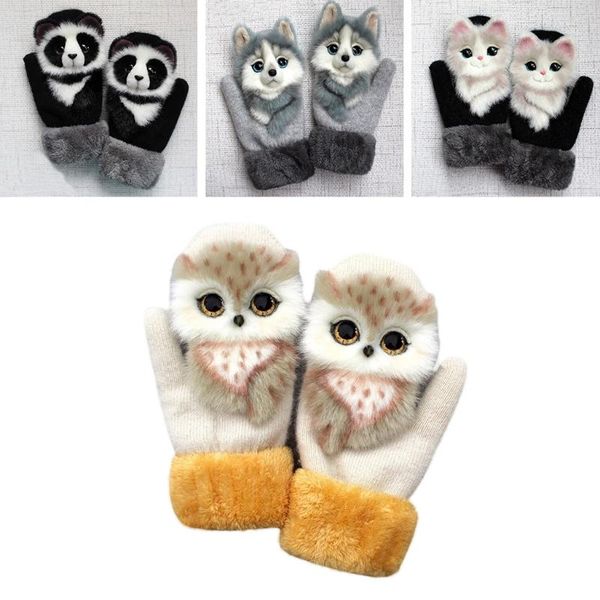

five fingers gloves women men winter knitted cute 3d fluffy cartoon animal decor thickened plush lining outdoor windproof thermal warm mitte, Blue;gray