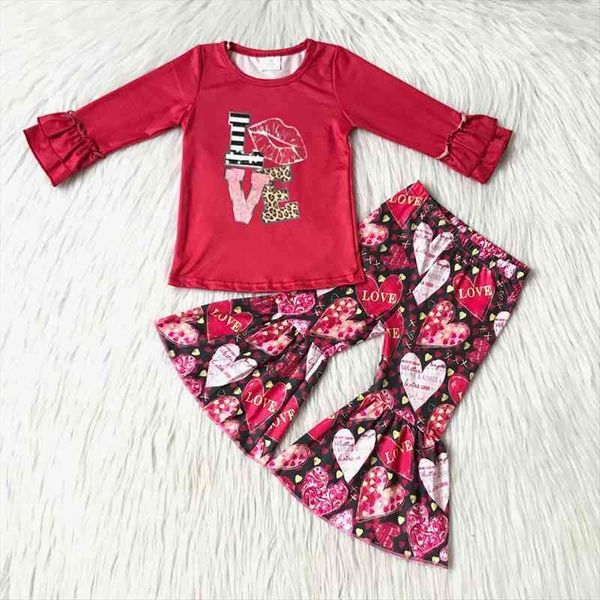 

selling toddler kids long sleeve shirt and bells set girl spring outfits for valentines day love letters clothes, White