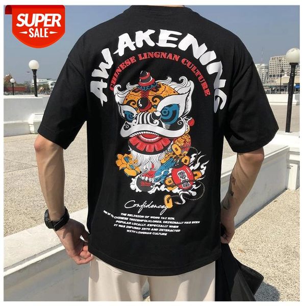 

Lion Printing Middle Sleeve T-shirt Men Short-sleeved Shirt Hip-hop Half-sleeved Tattoo Totem Harbor Style Clothes Men Tops #Ys5M, White;black