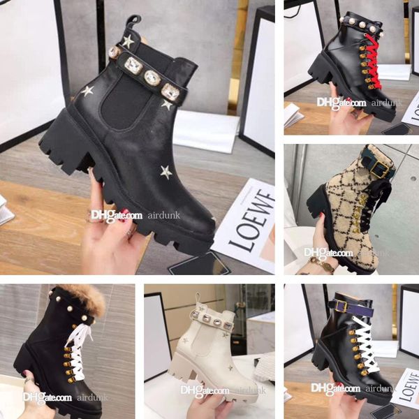

classic leather designer thick-soled desert martin boots white bee star trail lace-up winter ladies high heel shoelace cowboy fahsion bootie, Black