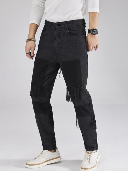 

men contrast fringe straight leg jeans g0m6#, Blue