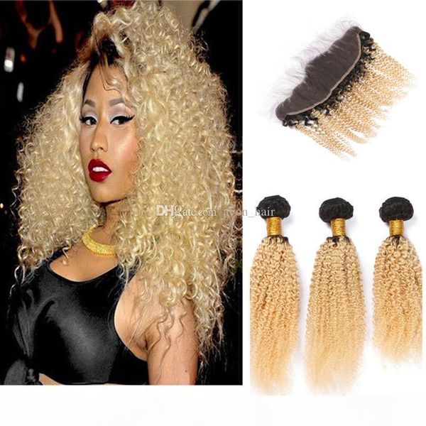 

dark root kinky curly hair bundles with lace frontal 4pcs lot ombre blonde #1b 613 hair bundles with closure 13x4, Black;brown