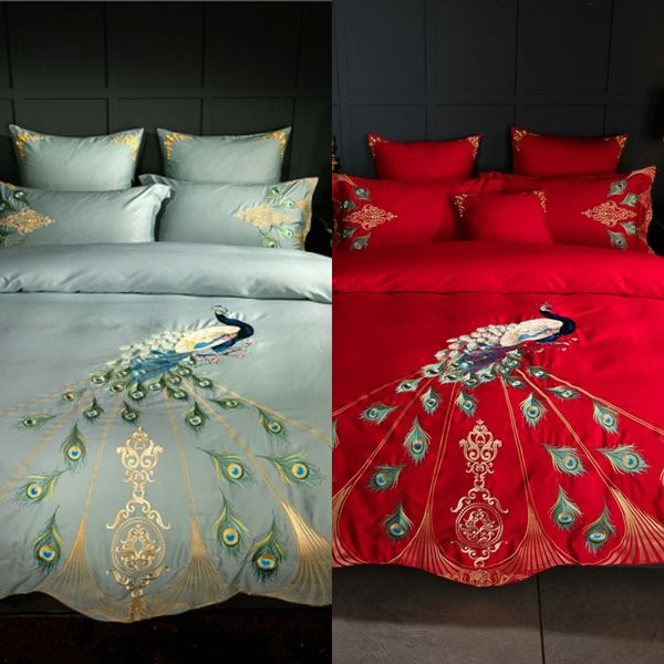 Conjunto de cama de luxo de bordado chique Queen King Size Tamanho de edredão Cama de cama conjunto 600TC egípcio algodão tecido macio pavão padrão C0223