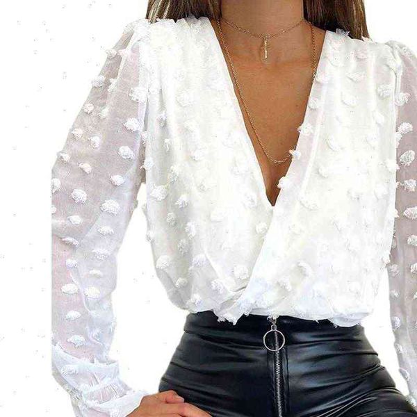 

ladies women blouses dobby shirt deep v neck spring and autumn fashion chic blusas solid color mesh blouse, White
