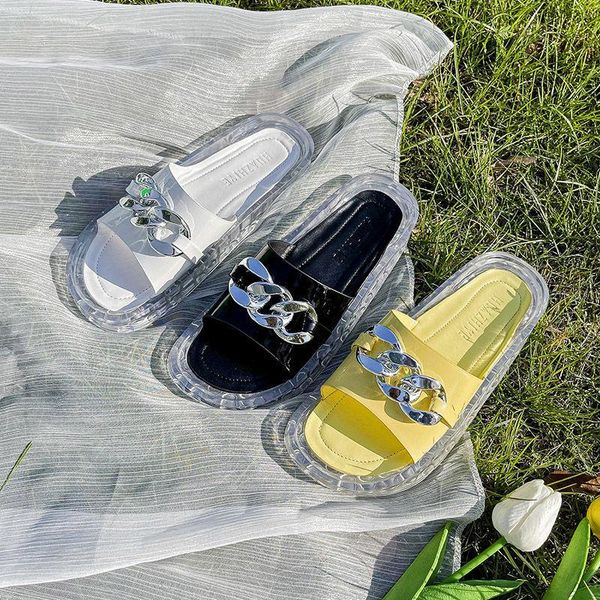 

slippers 2021 ladies and sandals black metal chain decorated flat ra split toe women slides same design