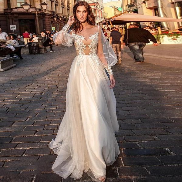 

other wedding dresses elegant appliques lace long puff sleeve a-line scoop tulle open back bridal gowns princess vestido de novia, White