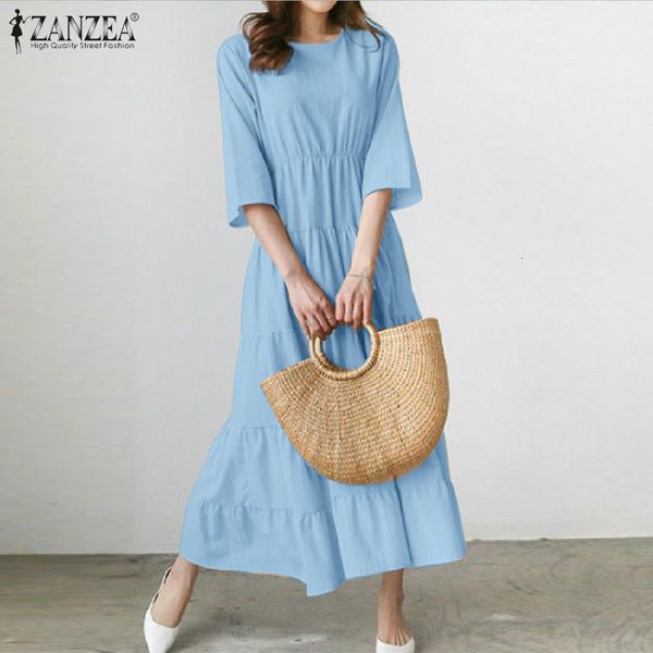 

new zanzea korean stylish 2021 summer women solid 3/4 sleeve ruffles party sun elegant high waist ol work vestidos kaftan bdfu, Black;gray