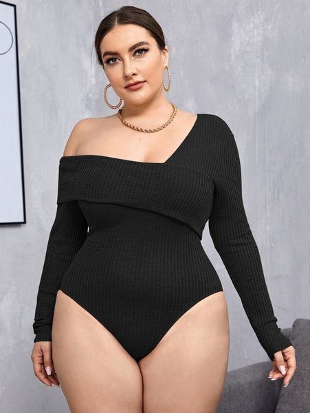 

plus fold asymmetrical neck waffle knit bodysuit c3u7#, Black