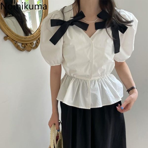 

women's blouses & shirts nomikuma sweet bowknot v-neck puff sleeve blouse shirt korean slim waist ruffle womens blusas mujer de moda 2, White