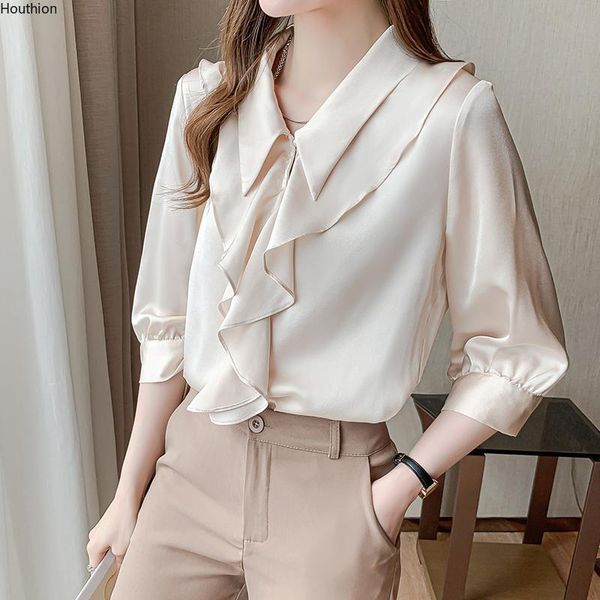 

women's blouses & shirts houthion blouse chiffon 3/4 sleeve doll collar shirt korean casual fashion 2021 ruffle pure color stitching, White