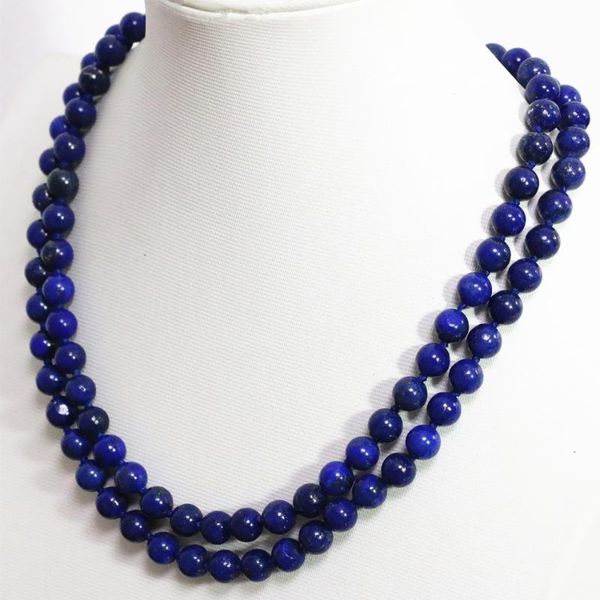 

chains classical blue lapis lazuli 8mm natural stone beautiful round lovely beads fashion necklace long chain jewelry 36" my4505, Silver