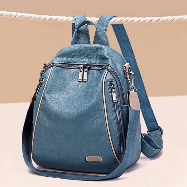 

fashion quality pu soft leather backpacks women leisure travel large capacity bags new solid waterproof double zipper backpacks 210303