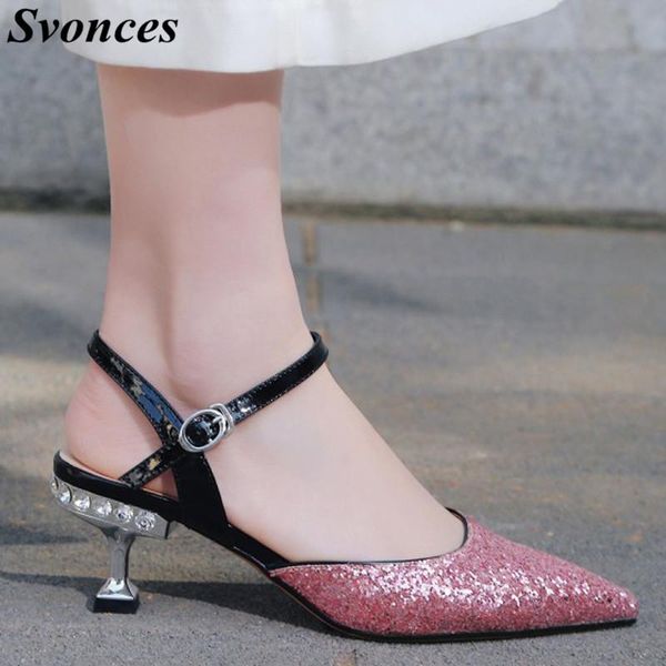

dress shoes svonces escarpins femme 2021 sequins office lady high heels slingbacks diamond med heel women sping summer banquet, Black