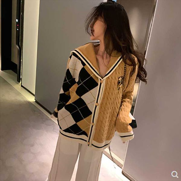 

women's jackets 2021 autumn and winter college regular knitted cardigan small retro all-match diamond sweater jacket women, Black;brown