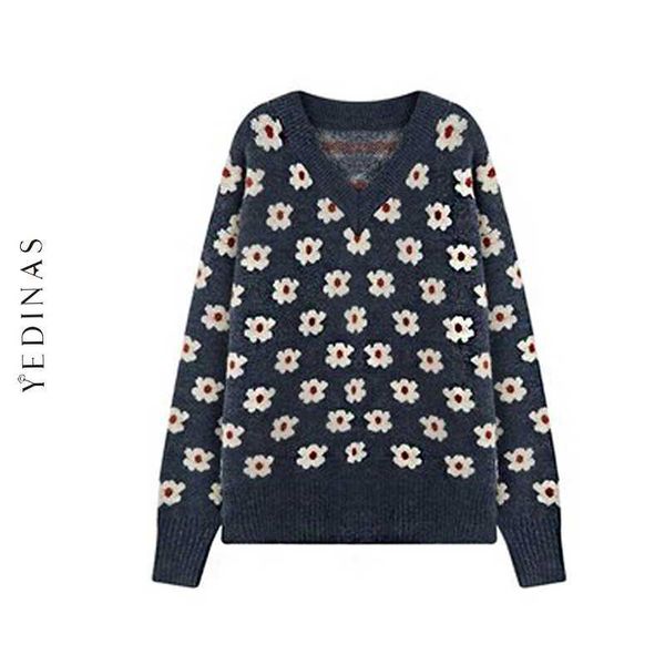 

yedinas vintage floral sweater long sleeve v neck knitted jumper ladies loose warm pullover women winter 210527, White;black