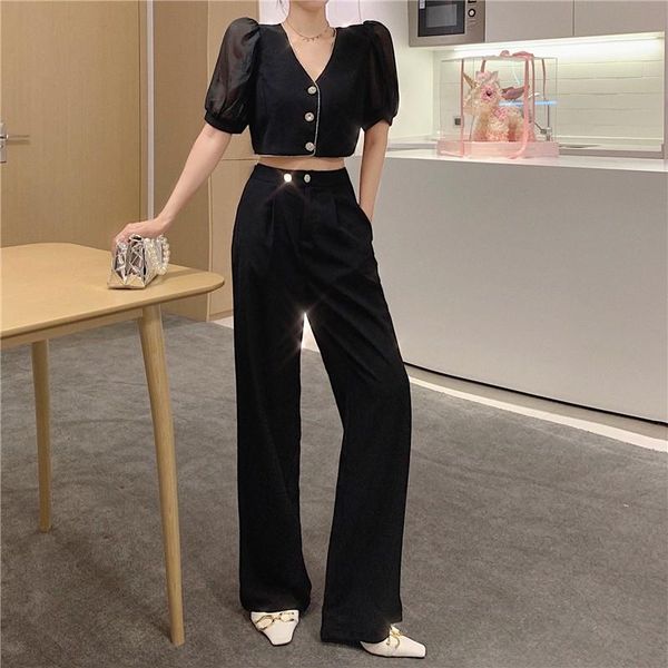 

women's two piece pants 2021 summer 2 set elegant office ol beading v-neck puff sleeve crop and high waist long casual suit, White