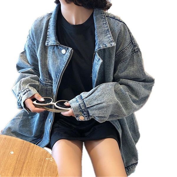 

autumn woman denim jacket female vintage turn down collar loose long sleeve jeans jacket streetwear coats and jackets women, Black;brown