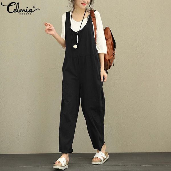 

women's jumpsuits & rompers celmia women summer 2021 wide leg long casual sleeveless buttons loose playsuit overalls retro linen dungar, Black;white
