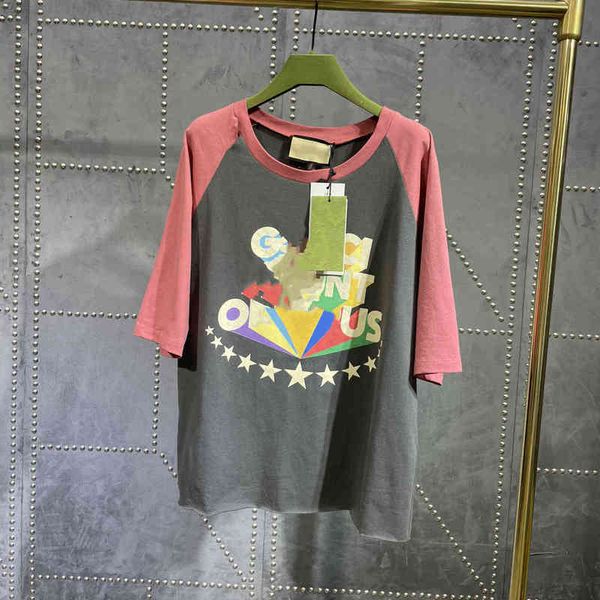 

2022 factory wholesale new 21 summer product g family letter star print worn out holed pullover contrast loose short sleeve, White