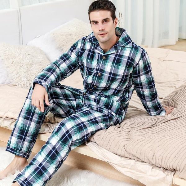 

men's sleepwear winter warm pajamas set super thick woven quilted cotton pyjamas male plaid long sleeve + pants home suit, Black;brown