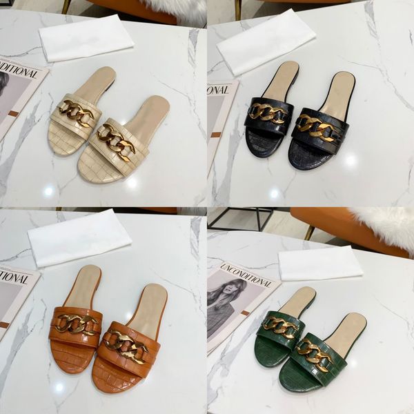 

2021 designer chain slides women sandal crocodile leather flats slippers summer beach causal shoes flip flops with box 270, Black