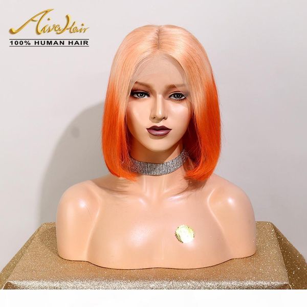 

150 density lace front human hair wigs straight short bob full lace wigs with baby hair orange ombre transparent colorful full remy, Black;brown