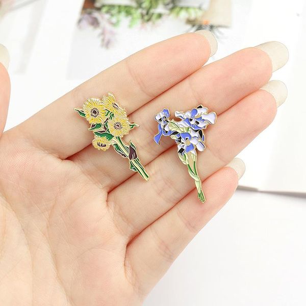 

pins, brooches sunflowers iris enamel pins cute bouquet bag clothes lapel pin badge plant jewelry gift for lover girl friend, Gray