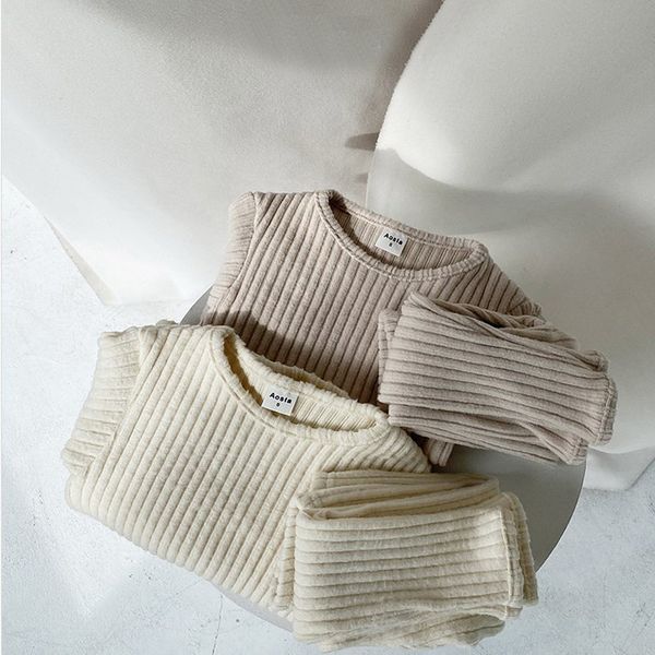 

wholesale 2021 new spring baby waffle pajamas sets thick warm long sleeve home suits sleep swear kids clothes yn001, White