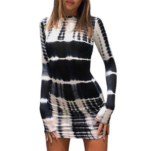 

casual dresses 2021 fashion black tie-dye print sheath dress women long sleeve crew neck bodycon mini club evening party, Black;gray