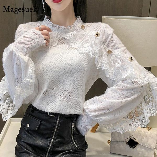 

women's blouses & shirts crochet lace blouse women chic ruffle stitching shawl ladies stand collar 2021 spring long sleeve slim shirt1, White
